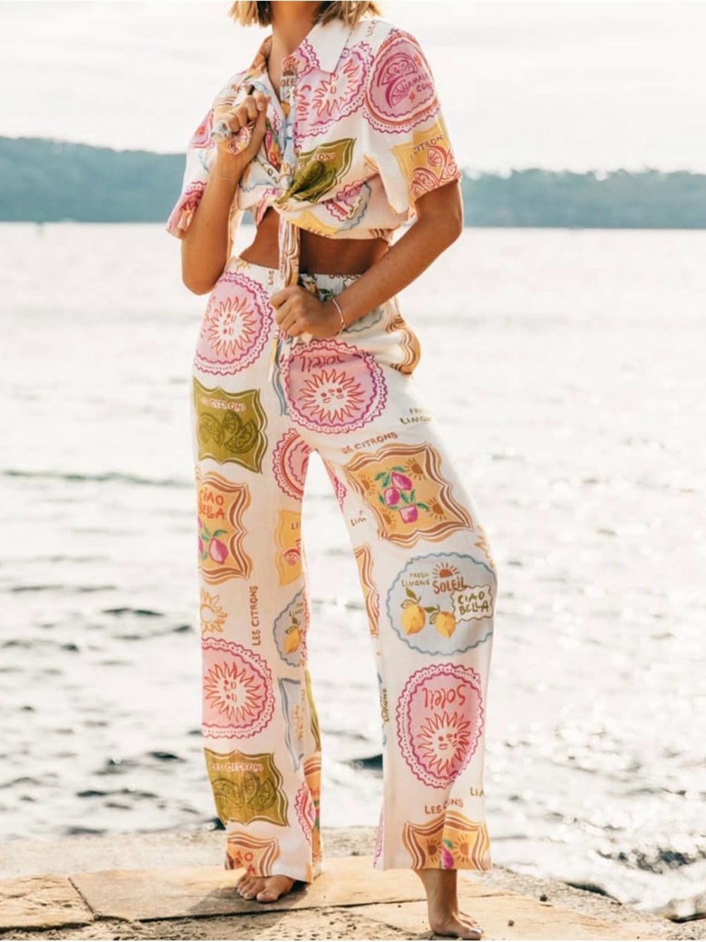 Joie Lemon Lime Sun Print Wide Leg Pants